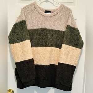 Women’s Zenana Outfitters Oversized Crewneck Striped Sweater W/ Pockets SZ Large